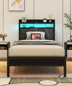 Base de cama individual de 3 pies con almacenamiento de luces LED, cabecero tapizado y estación de carga, plataforma de metal sólido, tamaño individual, no necesita somier, sin ruido