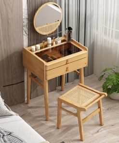 Juego de mesa de maquillaje con espejo giratorio de 360°, tocador vintage moderno con 2 cajones y mesa de exhibición de joyas, estilo ratán y bambú