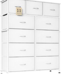 Cómoda con 11 cajones, cabina moderna para dormitorio, cajones de tela con parte superior de madera, marco de metal resistente, unidad de almacenamiento alta blanca para pasillo