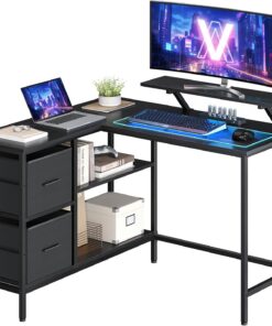 VASAGLE Escritorio en Forma de L, Esquinero, con 2 Amplios Cajones, Mesa con Soporte para Monitor, para Esquina, con Estante Ajustable, para Oficina Casa, Negro Ébano LWD097B56