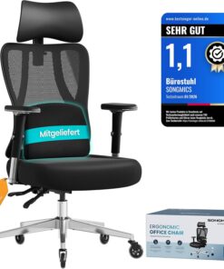 SONGMICS Silla de Oficina Ergonómica, Silla de Escritorio Gaming, Soporte Lumbar y Reposacabezas Ajustables, Reposabrazos, para Distintas Alturas, Carga 150 kg, Negro Tinta OBN067BH01