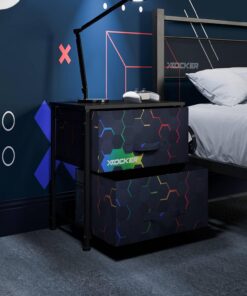 X-Rocker Mesita de noche hexagonal de lona con 2 cajones, mesa auxiliar de almacenamiento con 2 cajones de tela para sala de estar, dormitorio, armario, pasillo, color negro, patrón hexagonal neo
