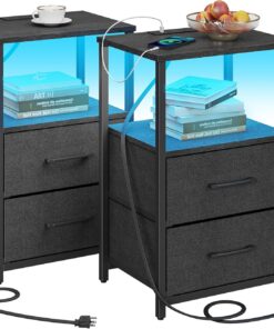 TUTOTAK Mesa auxiliar LED con estación de carga, mesita de noche con cajón de tela, mesa auxiliar con 1 puerto USB y 1 puerto tipo C, juego de 2, mesa de sofá, color negro TB01BK052L