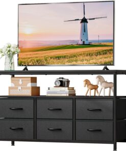 Mueble TV con 6 Cajones y Estantes Abiertos | Para TV de hasta 55", Negro, 120 × 30 × 68 cm, Ideal para Salón o Dormitorio