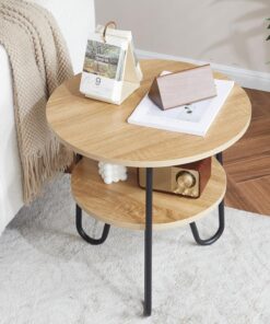 Mingone Mesa de Centro Redonda con 2 estantes, Mesa de sofá Moderna con Espacio de Almacenamiento, Mesa pequeña para salón, Dormitorio, balcón, Color Madera