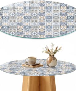 Tapa para Mesa de Centro 50 cm | Redondo | Multiusos | Bordes Pulidos | Azulejos retro | Pies Antideslizantes | Vetro Temperato | para la Cocina y Salón | con Impresión Decorativa