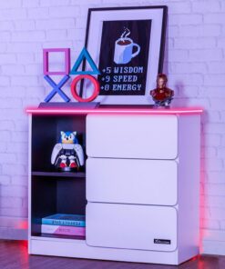 X Rocker Carbon-Tek - Cómoda de 70 cm de ancho, LED RGB, iluminación de neofibra, 3 cajones, 2 estantes abiertos, marco de madera duradero para niños y adolescentes, color blanco