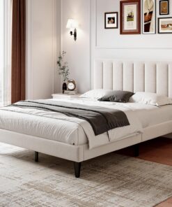 Merax Base de cama doble tapizada de 135 x 190 cm, con cabecero ajustable, cama infantil, cama juvenil, cama de invitados, terciopelo, listones de madera maciza, fácil montaje, color beige (135 x 190