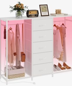 Trironsun Cómoda de 5 cajones con perchero, cómoda con barra de ropa, luces LED, cajones de armario, estación de carga, estante flexible, estantes abiertos para dormitorio, sala de estar