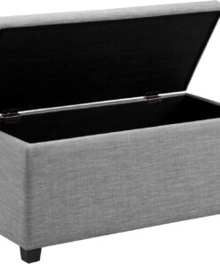 Amazon Basics Banco rectangular acolchado para entrada con almacenamiento, para dormitorio, pasillo, otomana, aspecto de lino, poliéster, gris claro, 42 x 91 x 43 cm