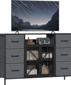 Cómoda con 6 Cajones de Tela, Cómoda con Puerta de Malla y Compartimento de Almacenamiento, Cajones de Tela y Estructura Metálica, Cómoda de Tela para Dormitorio, Armario, Pasillo, Gris Oscuro