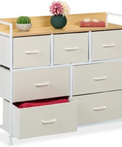 Relaxdays Cómoda 7 Cajones, 85 x 100 x 30,5 cm, Mueble Recibidor, Pasillo y Dormitorio, Cajonera Moderna, Beige y Blanco