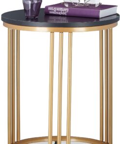 Relaxdays Mesa Auxiliar MARMO, Mesita Salón, Metal y MDF, Tablero Redondo, Efecto Mármol, 51 x 41 cm, Negro y Dorado