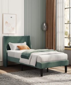 Merax Marco de cama individual, cama tapizada de terciopelo de 3 pies con cabecera alada, soporte de listones de madera, terciopelo verde oscuro, 197 x 97 x 96 cm