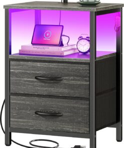 Huuger Mesita de noche con estación de carga y luces LED, mesita de noche de 2 cajones, mesa auxiliar de cama con estante abierto, mesa auxiliar, cajones de tela para dormitorio, color negro carbón