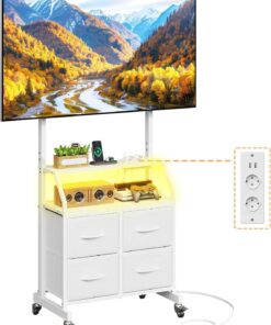 Soporte TV con Ruedas, LED y Enchufes Integrados, Soporte TV 32–75" | Mueble TV con Ruedas, Enchufes y Puertos USB, Altura Ajustable, 4 Cajones de Tela, VESA 600x400 mm, Carga Máx 65kg, Blanco