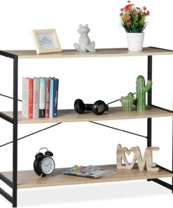 Relaxdays Estantería de pie, Librería Industrial, Tres estantes, Transversal, 80x95x5 cm, Roble, Metal, Marrón y Negro