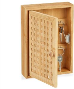 Relaxdays Caja para Llaves, Bambú, 8 Ganchos, 27 x 19 x 7,5 cm, Organización Llaveros Pasillo, Armarito Entrada, Natural
