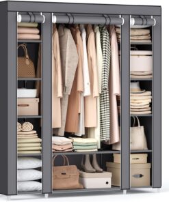 SONGMICS Armario de Tela 12 con Barra y estantes, Armario Estable para Dormitorio, vestidor, 150 x 45 x 175 cm, Gris LSF03G
