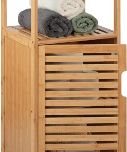 Relaxdays Mueble de Baño de Bambú, 87 x 36,5 x 33 cm, Estantería Aseo Estrecha con Puerta, 2 Baldas Abiertas, Natural