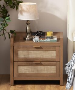SICOTAS Mesita de noche de ratán: mesita de noche grande con estación de carga tipo C y 2 cajones decorativos similares al ratán, mesita de noche bohemia con almacenamiento para dormitorio, roble