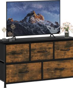 DWVO Cómoda con 5 cajones de Tela para Dormitorio, Sala de Estar con Asas, Parte Superior de Madera y Marco de Acero Resistente, Color marrón rústico