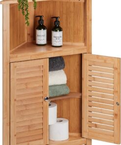Relaxdays Mueble Esquinero de Baño, Armario Bambú Puertas Listones, 3 Compartimentos, 1 Balda, 92 x 58 x 30 cm, Natural