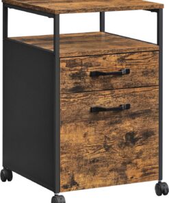VASAGLE Archivador Móvil con 2 Cajones, Archivador de Oficina con Ruedas, Compartimento Abierto, Marco de Acero, Estilo Industrial, Marrón Rústico y Negro Tinta OFC71X