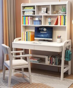 Mesa de Estudio de Madera Maciza, Escritorio de Altura Ajustable con Cajón, Escritorio de Estudio para Estudiantes con Estantes para Uso En Casa (94x65-75cm(37x25-29in), White)