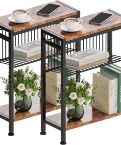 Mesa Auxiliar Estrecha con 3 Estantes, Mesita de Noche Estrecha con Soporte para Revistas, Mueble Auxiliar para Sofá Centro Pequeña para Sala de Estar Dormitorio Cocina Balcón Oficina (Madera puro)