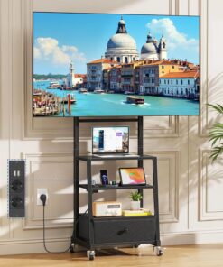 Soporte TV Ruedas con Enchufes 32-75" VESA 600x400, Negro | Enchufes y Puertos USB, 3 Estantes y Cajón de Tela, Altura Regulable, Fácil Montaje, Soporte TV Pie Carga Máx 50kg