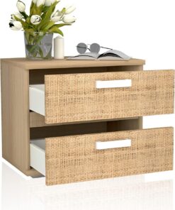 duehome | Mesita de Noche, Mesilla de Dormitorio, Modelo Ataneq, Acabado en Color Tofe y Textil, Medidas: 60 cm (Largo) x 40 cm (Fondo) x 50 cm (Alto)