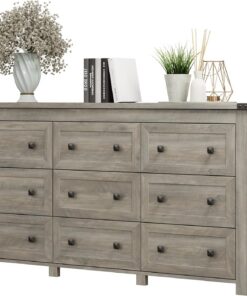 Cómoda para dormitorio con 9 cajones, cómoda de madera de granja, soporte de TV ancho con asa de metal, organizador de ropa moderno para pasillo, sala de estar, entrada, gris claro