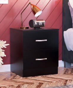 Vida Designs Home Discount Mesita de Noche, Negra, con 2 cajones, con Asas y pasadores metálicos