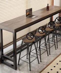 Mesa Alta Bar Rectangular Mesa Auxiliar Cocina Estrecha con Estructura de Metal para Cocina Cafetería Comedor Sala de Estar(Grey Oak,180x40x105cm)