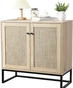 Aparador de buffet, armario de almacenamiento con 2 puertas, aparador de cocina de madera, armario de almacenamiento de ratán con estantes ajustables para comedor, sala de estar, pasillo