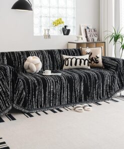 WEYOND Funda de sofá y borlas de chenilla, 180 x 260 cm, color negro | Funda reversible para sofá modular en forma de L, 2, 3, 4 plazas, diseño a rayas apto para mascotas