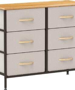 HOMCOM Cómoda de Tela con 6 cajones de Tela, Color Blanco Crema | Cómoda industrial para dormitorio, marco de acero, parte superior de madera, para guardería, sala de estar, pasillo
