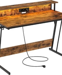 VASAGLE Escritorio para Juegos con Luces LED y Tomas de Corriente Incorporadas, Escritorio con Estante para 2 Monitores, Mesa para Oficina Dormitorio, 60 x 120 x 76 cm, Marrón Rústico LWD192K01