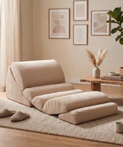 Sillón Lounge 3 en 1, sillón Decorativo con Funda Lavable, sofá bajo Perezoso de Terciopelo Suave, Espuma de Alta Densidad, Asiento Individual para salón y Dormitorio, Beige