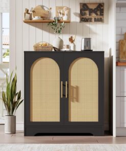 Armario de almacenamiento de buffet con puerta decorativa de ratán, aparador de cocina de madera, mesa de buffet para sala de estar, comedor, dormitorio, cocina y pasillo, 30 x 15.6 x 31.5