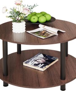 Mesa de centro redonda, 2 estantes, mesa de salón, mesa auxiliar, mesa de café, mesa de sofá, para salón, dormitorio, estructura de metal resistente, tablero de fibra de densidad media, 60 x
