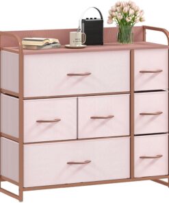 DWVO Cómoda de Tela con 7 cajones, cómoda para Dormitorio, Sala de Estar con Asas, Parte Superior de Madera y Marco de Acero Resistente, Color Rosa