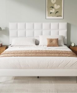 Yocreat Marco de cama King, fácil montaje, soporte de listones de madera resistente, plataforma tapizada con cabecero, no necesita somier, cama King blanca de 150 x 200 pulgadas