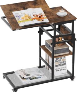 TQVAI Mesita Auxiliar en Forma de C, mesita de Altura Regulable con estantes de Almacenamiento sobre Ruedas y Tablero de Madera inclinable para salón, Dormitorio y sofá, Negro/Antiguo
