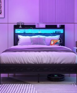 Base de cama doble de 1,27 m con almacenamiento de luces LED, cabecero tapizado y estación de carga, plataforma de metal sólido, tamaño doble, no necesita somier, sin ruido
