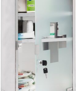Relaxdays Armario Botiquín XL, 50,5x30x18 cm, Puerta Vidrio con Llave, 3 Repisas, Primeros Auxilios, Medicinas, Plateado