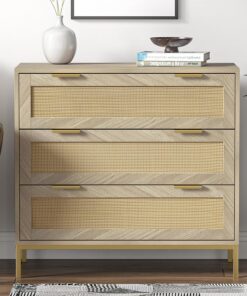 Ratán Cómoda de Madera para Dormitorio, Comoda de 3 Cajones, Sinfonier de Gran Capacidad, Antivuelco, Armario de Almacenamiento, Cajonera para Salón, Vestidor, Pasillo y Entrada