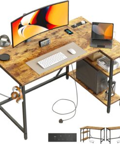 Escritorio pequeño para juegos en forma de L con tomas de corriente, mesa de esquina para computadora de 100 x 70 cm con grandes estantes de almacenamiento reversibles, estación de trabajo