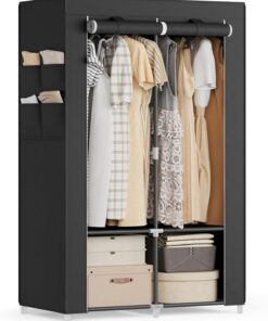 SONGMICS Armario, 2 Barras de Ropa, Estantes, 4 Bolsillos Laterales, Almacenamiento, de Tela, Perchero, Plegable, 45 x 86 x 167 cm, Negro Tinta RYG091B01